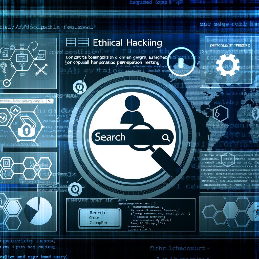 This image contains text and information about ethical hacking and penetration testing, with a search bar and various topics related to cybersecurity